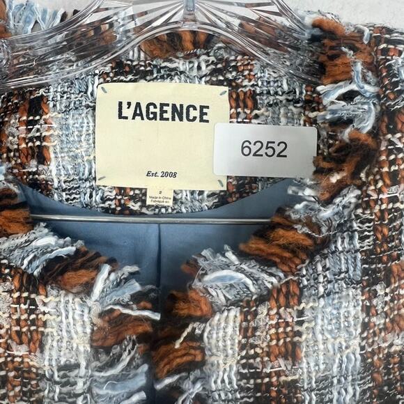 L'AGENCE Women's Size 2 Angelina Fringed Blue And Orange Plaid Tweed Blazer - Picture 3 of 7